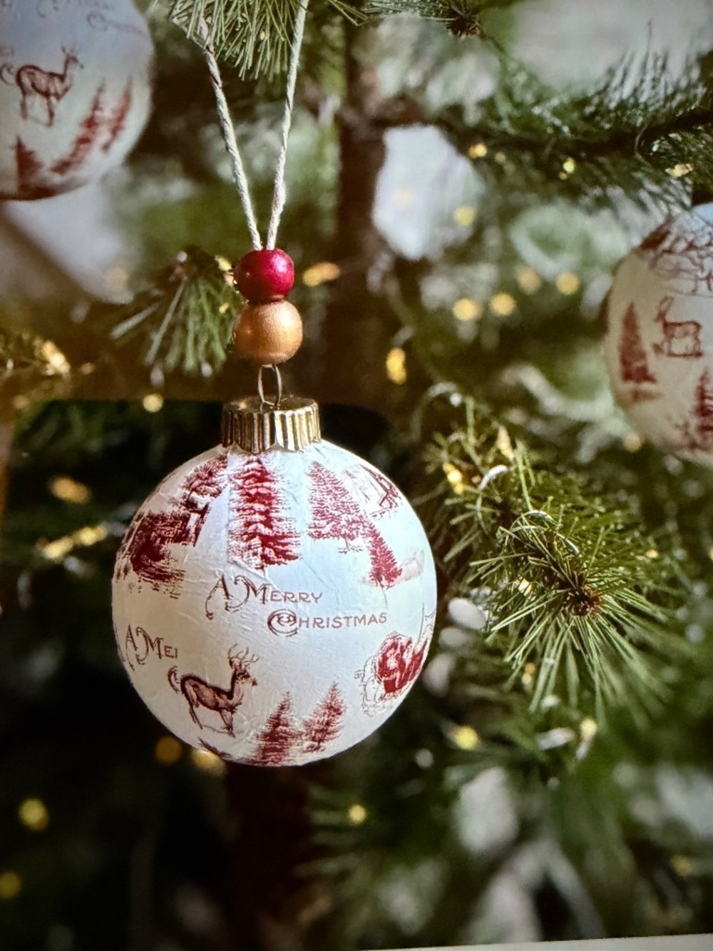 Merry Christmas and Santa’s Sleigh Ornament, Handmade Toile Decoupage